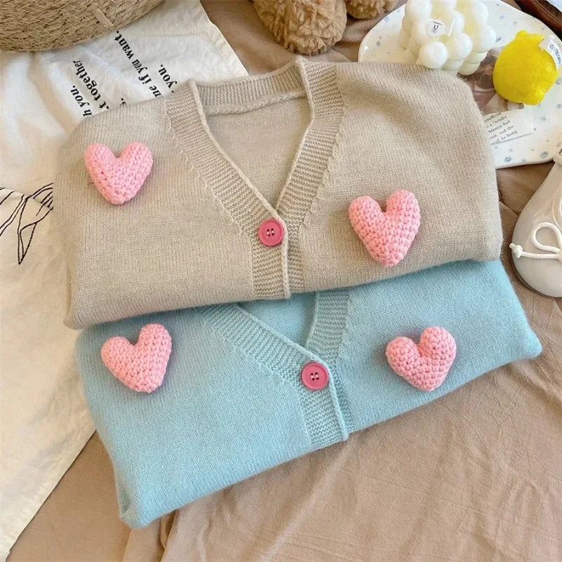 2024 Korean Kids Clothing  Sweaters Autumn Tutu Coat Three-Dimensional Love Knitted Cardigan Girls Jacket Baby Girl Clothes 2-8Y