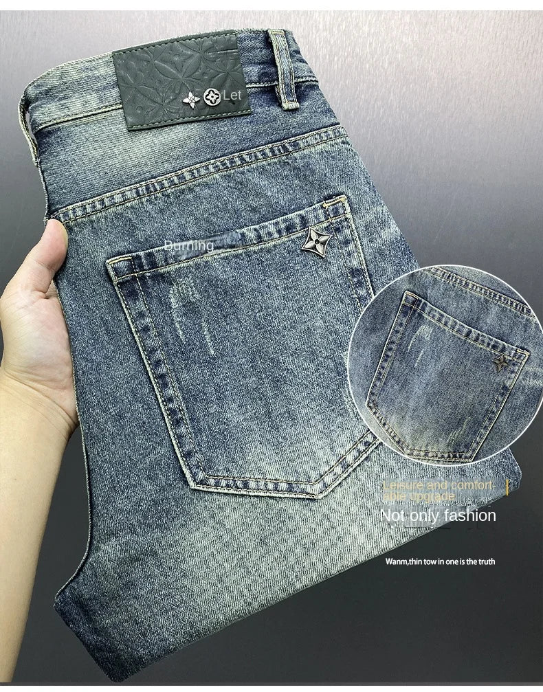 Thin section light blue jeans high-end simple fashion loose straight pants spring and summer casual versatile men's pants