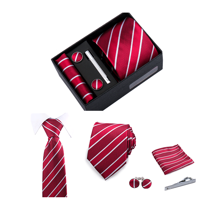 Fashion Elegant Men's Necktie Gift Box Striped Tie Handchief Cufflink Tie Clip 4 pcs Set Wedding Business Party Suit Accessories