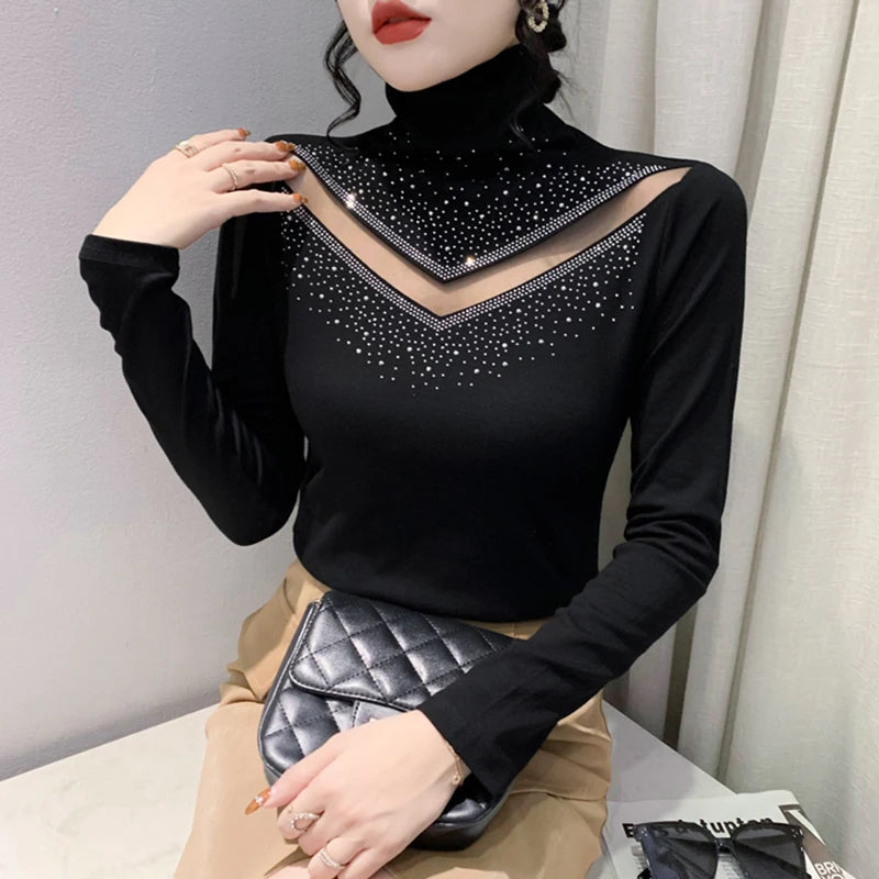 مجموعة اروين arwen&ajh group 2024 Spring Autumn New Women's Tops Shirt Fashion Casual Turtleneck Long Sleeve Hollow Out Hot Drilling Mesh T-Shirt M-3XL