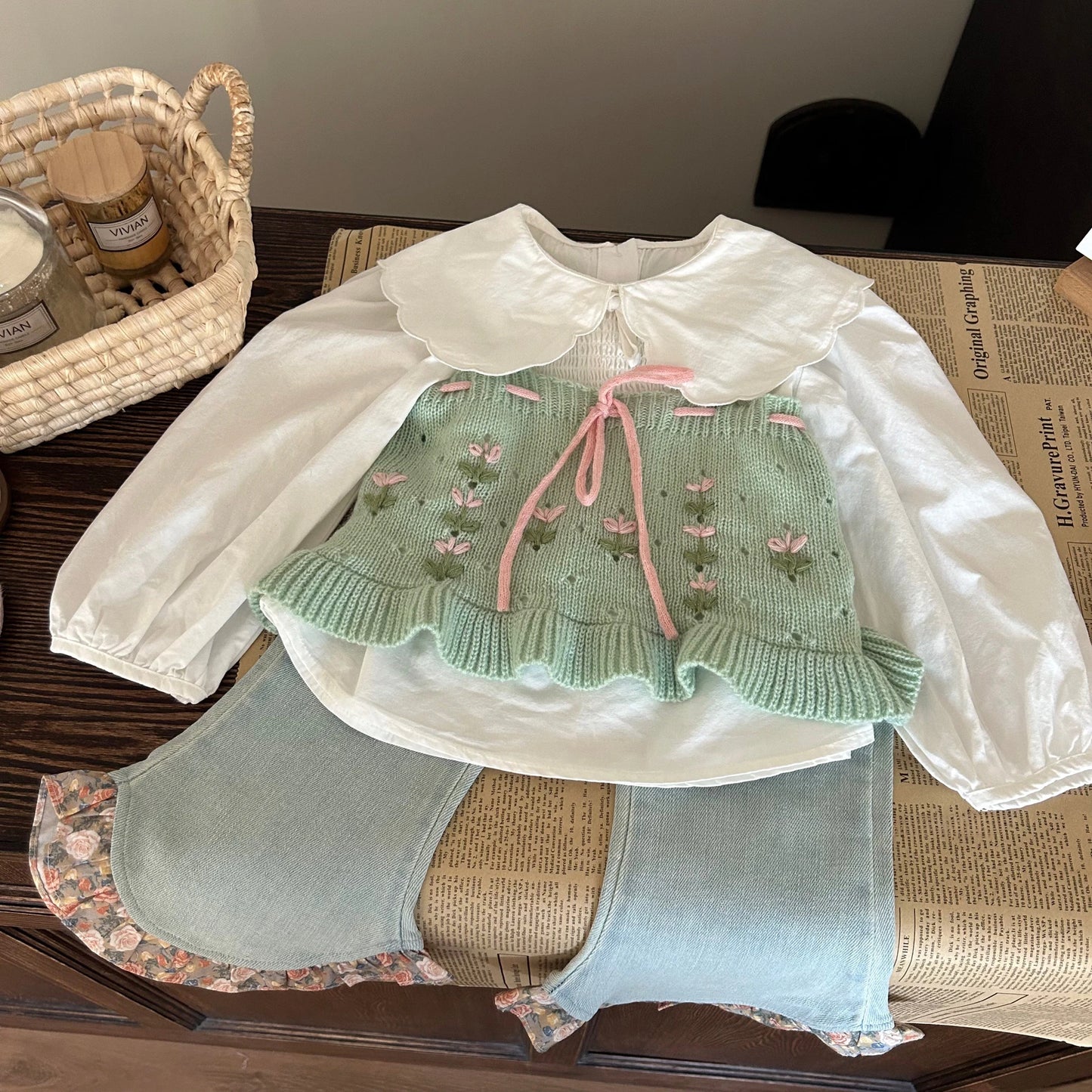 Children's Clothing 2024 New Spring Girls Set Children's Crochet Knitted Sweater Shirt Jeans Three Piece Set Baby Girl Clothes