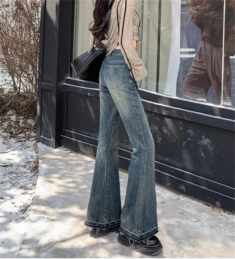 Burr Edge Design Vintage Flare Jeans High Waist Korea Casual Skinny Denim Pants New Women Streetwear Strecth Boot Cut vaqueros