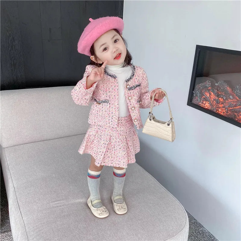 3308E Girls' Clothing Set Sweet Suit 2022 Autumn New Little Fragrant Wind Girl Two Piece Suit Knitted Coat+ Pleated Skirt