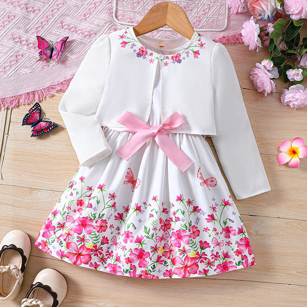 Girls Adorable Long Sleeve Clothes Cardigan & Floral Sundress Set - Soft & Stylish Two-piece Outfit for Daily Summer Adventures