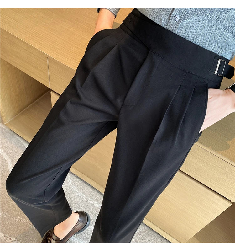 British Style Men High Waist Casual Dress Pant Men Belt Design Slim Trousers Formal Office Social Wedding Party Dress Suit Pants