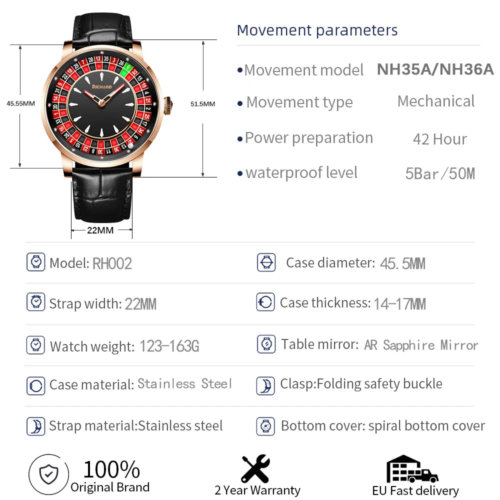 Richard Jacob & Co NH35 Betting Market Mens Mechanical Watches Sapphire Glass Watch Men Top Brands Luxury Wheel Turning  Watches