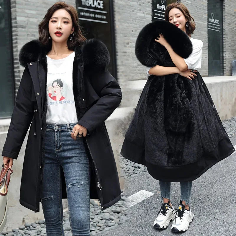 Winter Jacket 2023 New Women Parka Clothes Long Coat Wool Liner Hooded Jacket Fur Collar Thick Warm Snow Wear Padded Parka