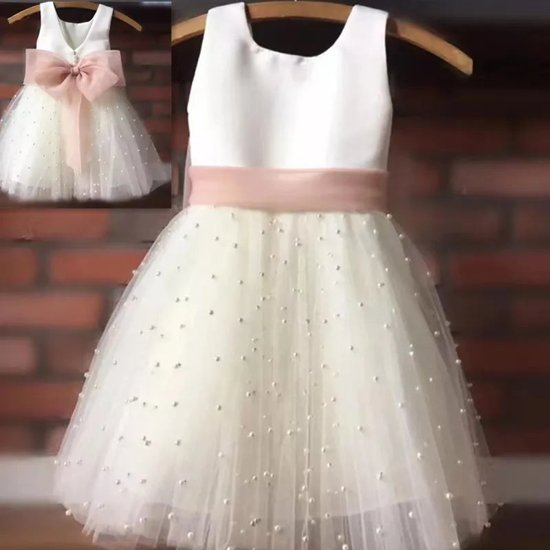 arwen & ajh group Kids Pearls Tulle Pageant Skirt Flower Girl Dress Chiffon Bow Sashes First Communion Clothing For Little Baby Princess Custom