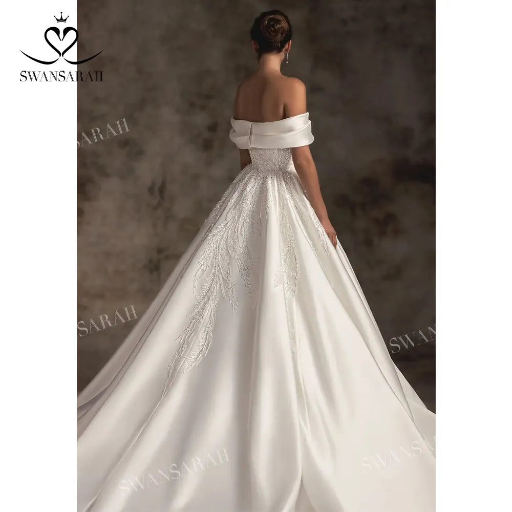 Off Shoulder Wedding Dress 2024 Satin Beading A-Line Court Train Princess Bride Gown   W230 Plus Size