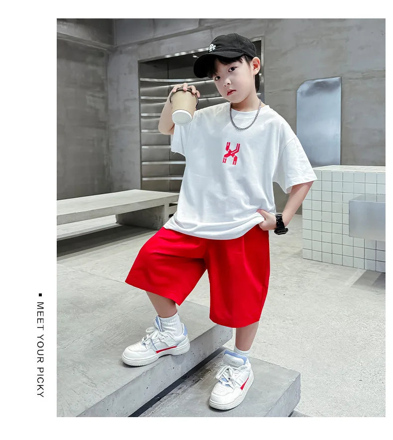 Junior Boy Summer Short-sleeved Suit Loose T-shirt + Shorts Sports Two-piece Suit Trendy Loungewear Outfit Children's Set