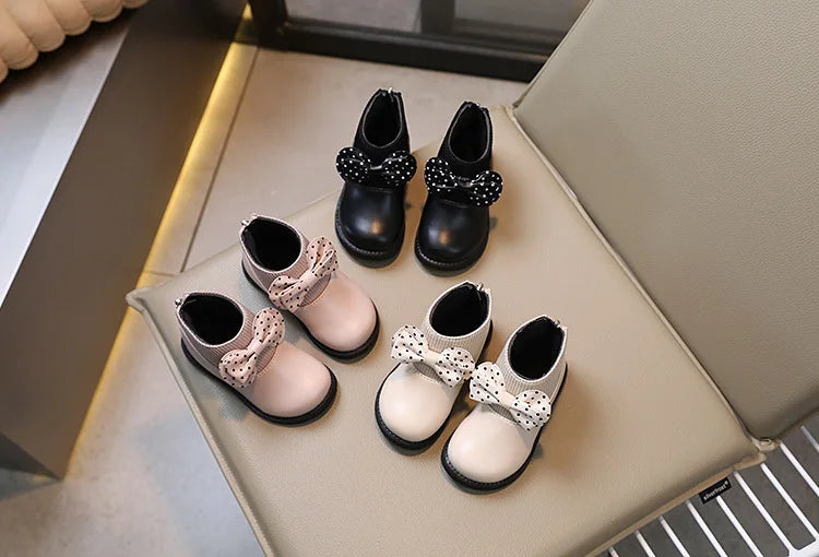 Children's Cotton Boots Winter New Kids Shoes Bow Girls Soft Bottom PU Leather Boots Baby Side Zipper Design Boots Toddler Shoes