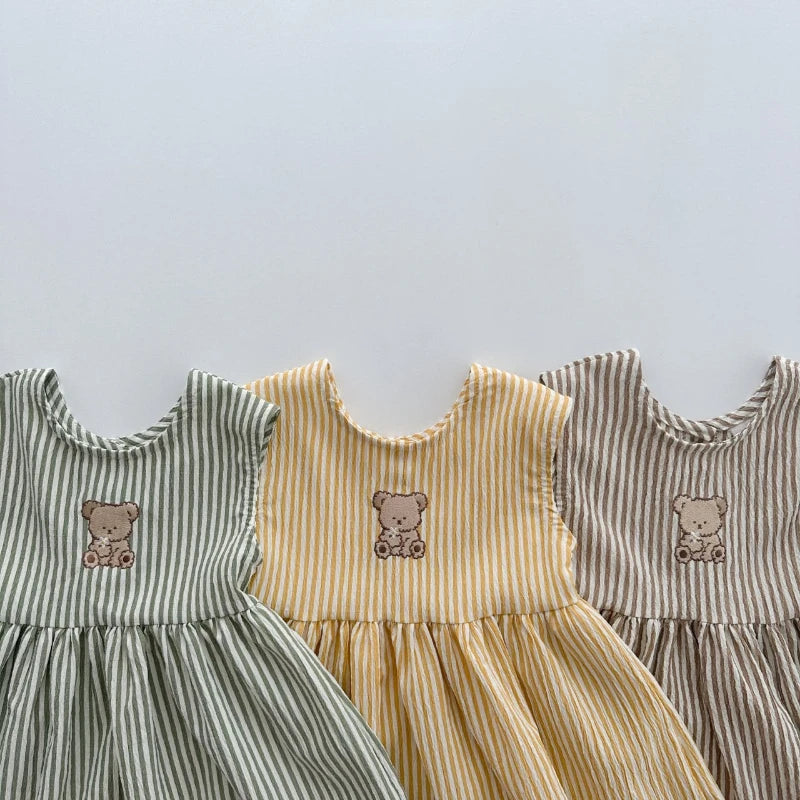 ARWEN & AJH GROUP Summer Girls Cartoon Bear Striped Vest Dress 2024 New Korean Cotton Casual Loose Sleeveless Children's A-Line Dresses