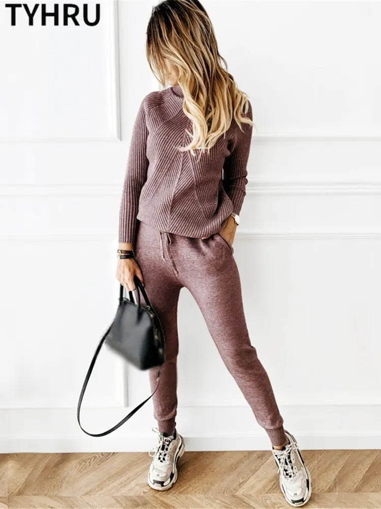 Autumn Winter Women's tracksuit Solid Color Striped Turtleneck Sweater and Elastic Trousers Suits Knitted Two Piece Set