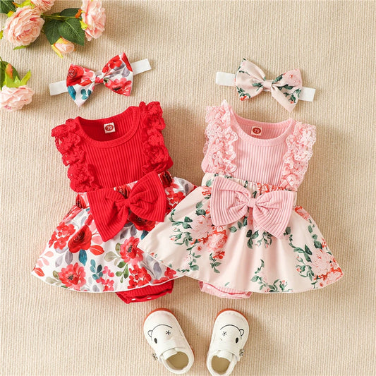 2pcs Infant Baby Girls Romper Dress Patchwork Flower Print Lace Sleeveless/Long Sleeve Crew Neck Front Bowknot Jumpsuit Headband