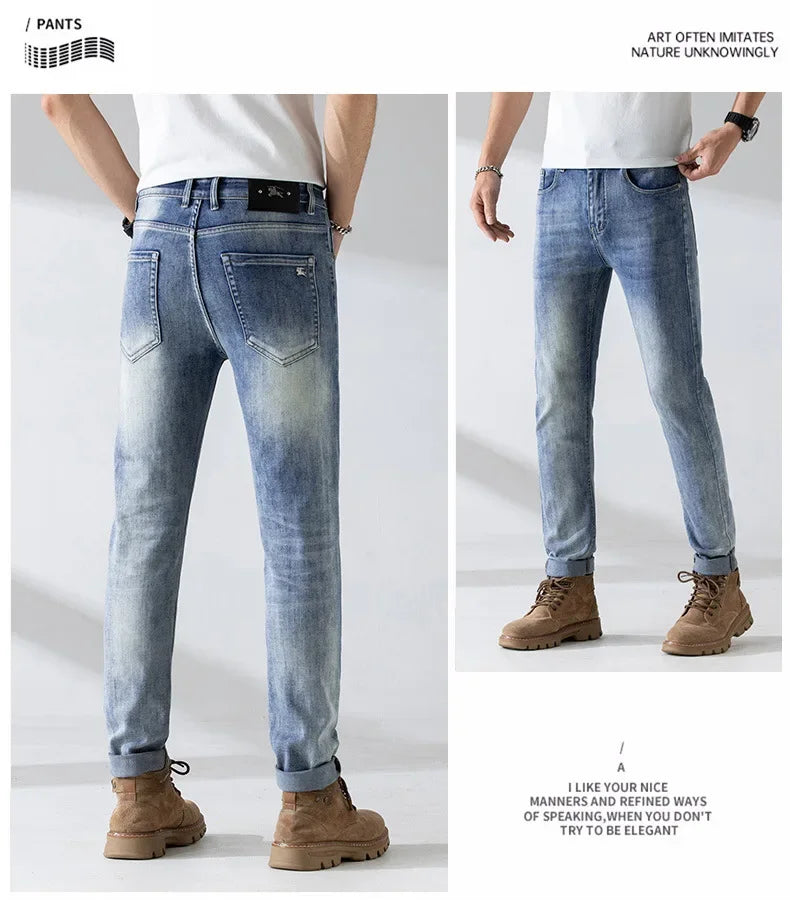 Trendy Casual Men's Denim Trousers High End Thin Cutting Edge Style Slim Fit Stretchy Regular Fit Small Straight Leg