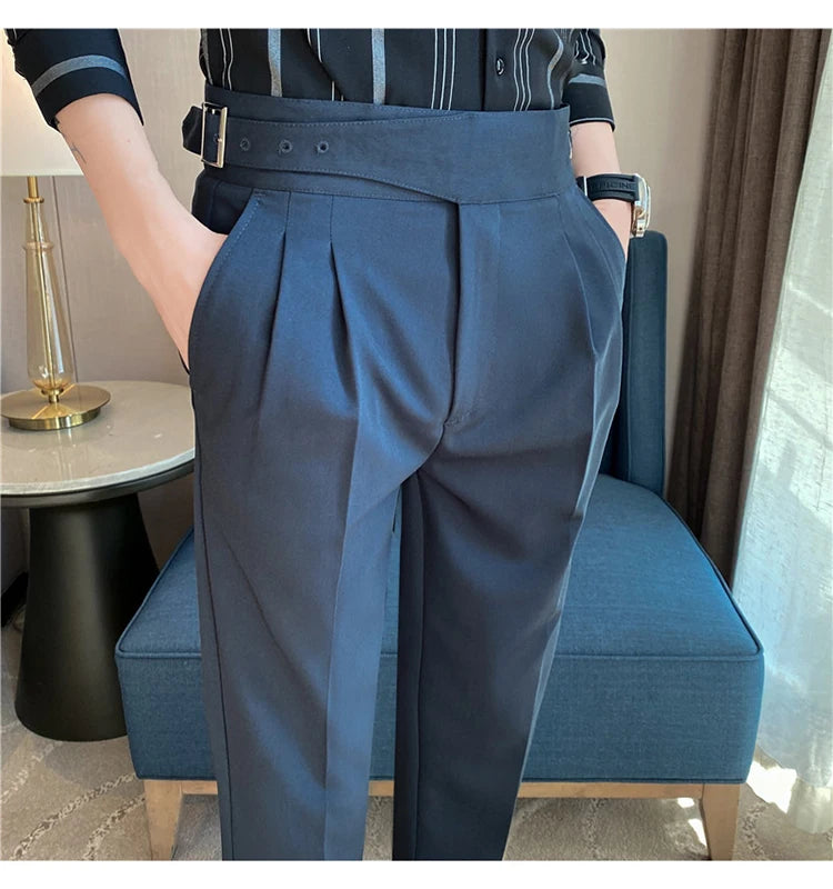 British Style Men High Waist Casual Dress Pant Men Belt Design Slim Trousers Formal Office Social Wedding Party Dress Suit Pants