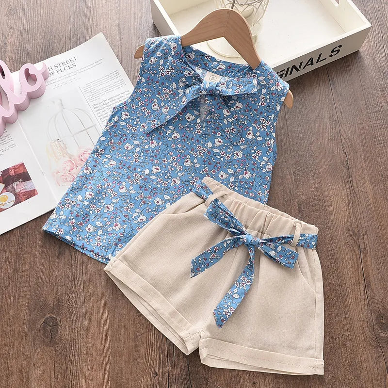 Toddler Kids Baby Girl Floral Blue Blouse T-shirt Pants Summer 2PCS Suit Infant Girl Clothes 2-6 Years New Girls Outfits