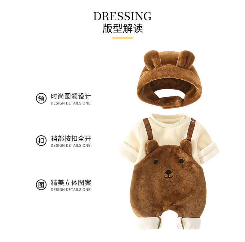 Winter Newborn Baby Clothes Plush Warm Strap jumpsuits Cute Bear Baby Girls Boys Romper Korean Style Long-sleeved Toddler Sets