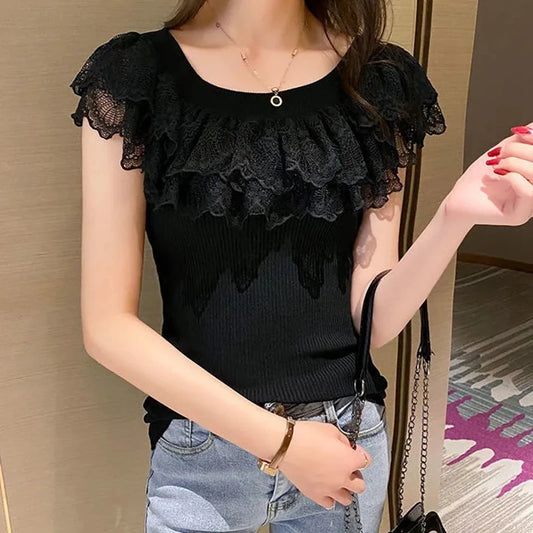 مجموعة أروين التجارية ARWEN & AJH GROUP Casual Lace Knitted Tops T-shirts Women 2024 Fashion Elastic White Black Purple Top Sexy Ladies  مجموعة أروين التجارية ARWEN & AJH GROUPT Shirts korean Clothes