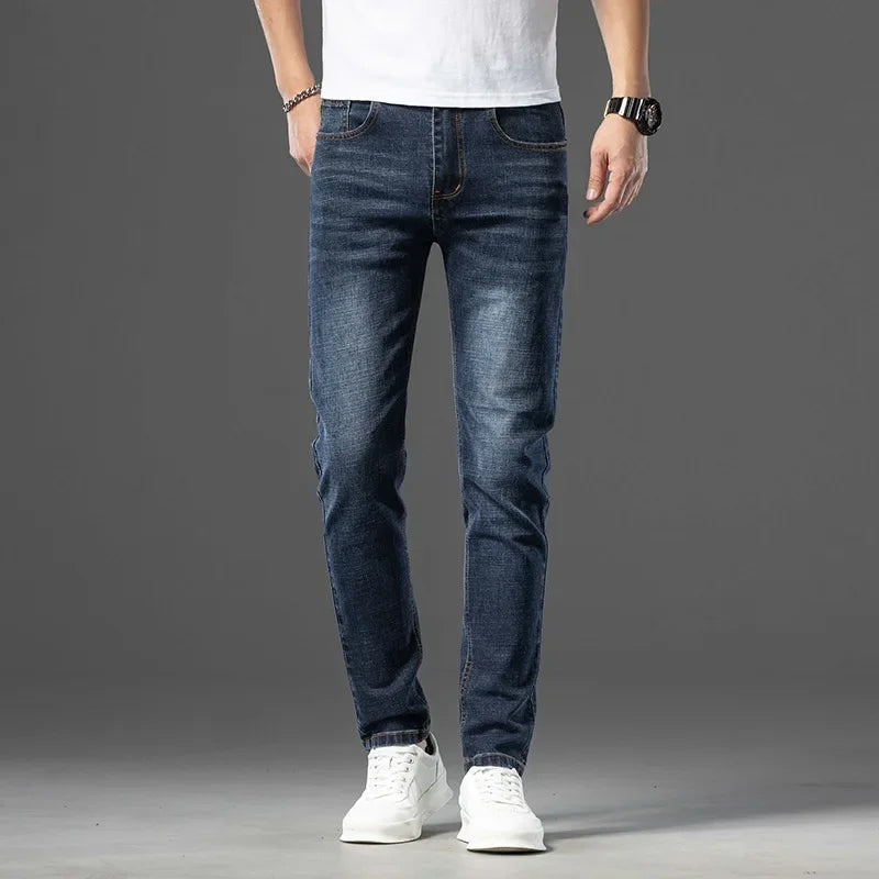 Luxury Brand Men's Jeans Slim Fit High Elasticity Versatile Blue Straight Leg Denim Trousers For All Seasons Casual Wear