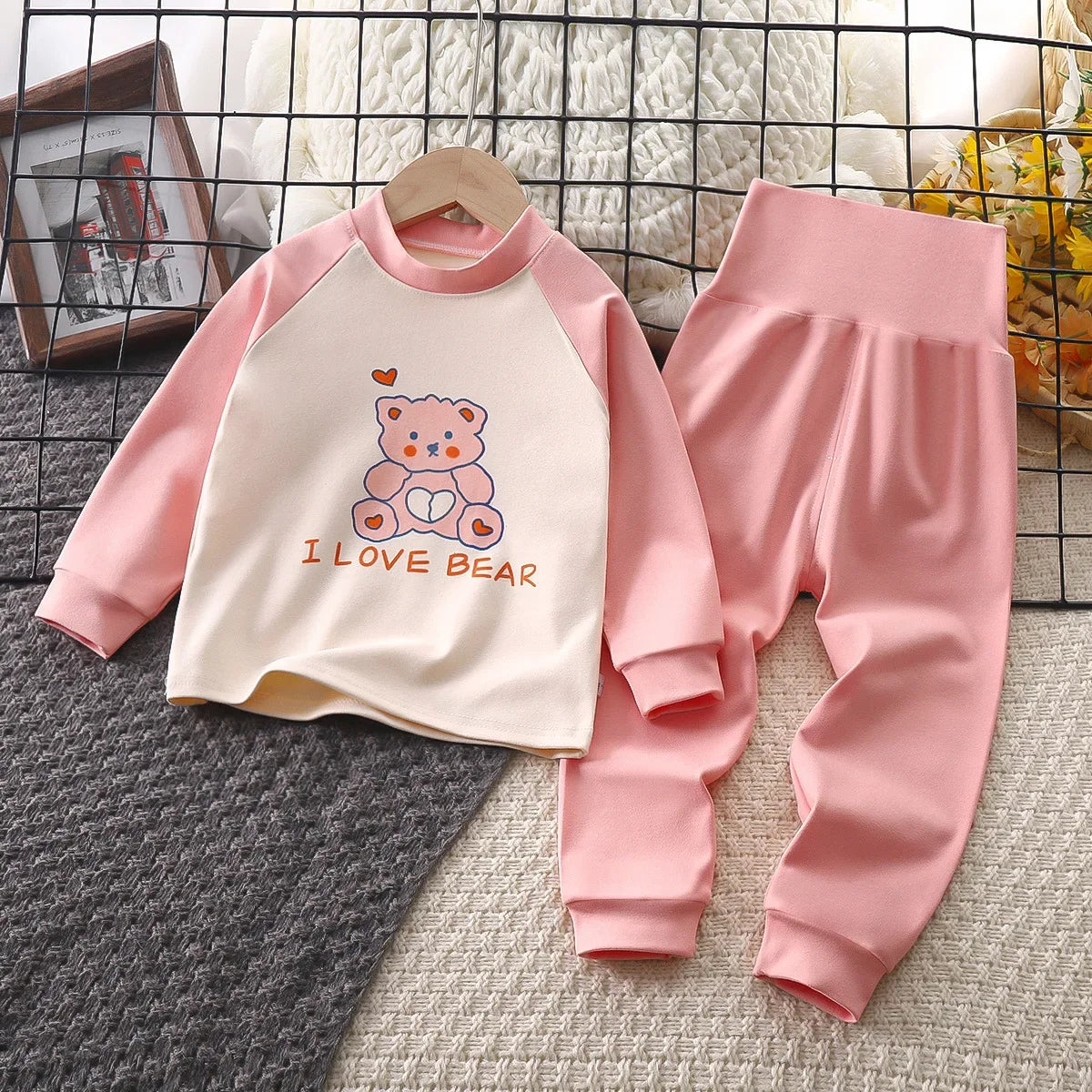 New Kids Thicken Warm Pajamas Baby Boys Girls Cute Cartoon T-Shirt + High Waist Pants Toddler Autumn Clothing Sets Loungewear