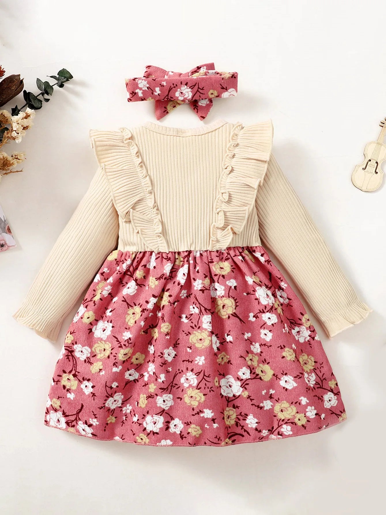 2PCS Toddler Girl Long Sleeve Floral Dress+Headband Cute Girls Spring&Autumn Dresses Children Girl Clothes for Kids 0-3 Years