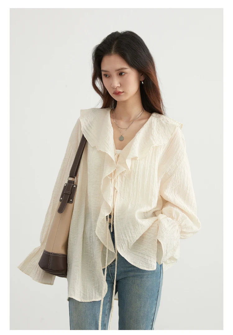 CHIC VEN Women Shirt Loose Casual Ruffled Edges Female Blouses V Neck Lace Up Mid Length Woman Shirts Spring Summer 2024