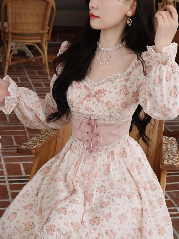 ARWEN & AJH GROUP 2024 Spring Pink Floral Elegant Dress Women Bandage Lace Print Sweet Vintage Dress Puff Sleeve Dress Women Princess Fairy