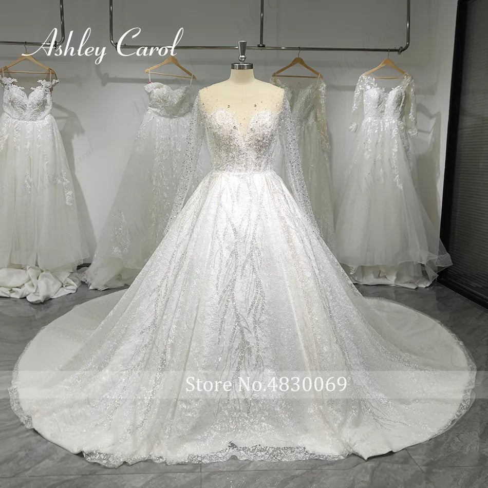 Ashley Carol Luxury Wedding Dresses For Women 2024 Bride Long Sleeve Princess Sparkling Beaded Bridal Dress