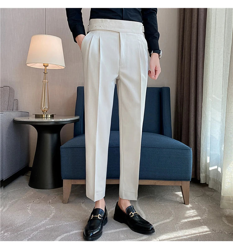 British Style Men High Waist Casual Dress Pant Men Belt Design Slim Trousers Formal Office Social Wedding Party Dress Suit Pants