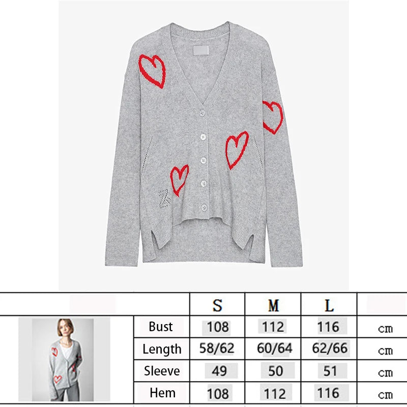 Zadig Cashmere Sweaters Women Loose Winter Cardigans Sweater Female New Fashion Grey Red Love Jacquard Casual V Neck Sweater Top