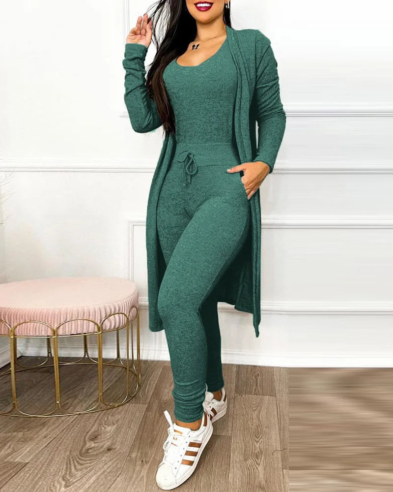 Drawstring Pocket Design Jumpsuit & Coat Set Solid Color Women Autumn Lace Up Long Top Slim Fit Pencil Pants Fashion