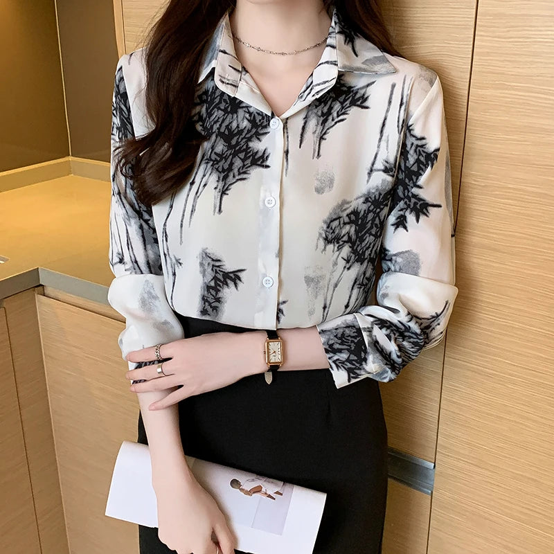 Women Spring Korean Elegant Loose Printing Polo-Neck Long Sleeve Shirts Women Clothes Casual All-match Temperament Trend Tops