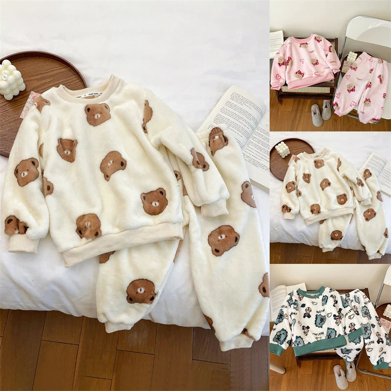 New 2024 Autumn Winter Kids Thicken Soft Flannel Pajamas Sets Baby Boys Girls Cartoon O-neck Pullover Warm Sleeping Sets Pyjamas