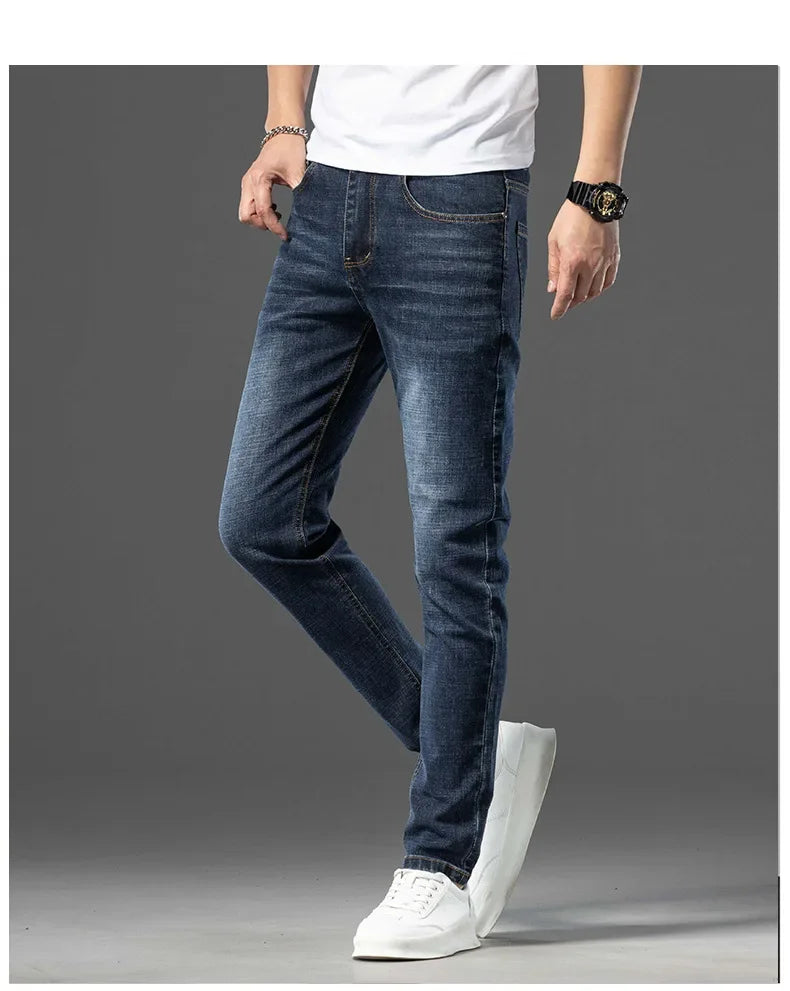 Luxury Brand Men's Jeans Slim Fit High Elasticity Versatile Blue Straight Leg Denim Trousers For All Seasons Casual Wear