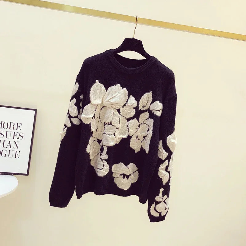 2024 Spring Embroidery Floral O-neck Sweater Pullovers Women Modis Vintage Long Sleeve Knitted Pullover Loose Black Tops