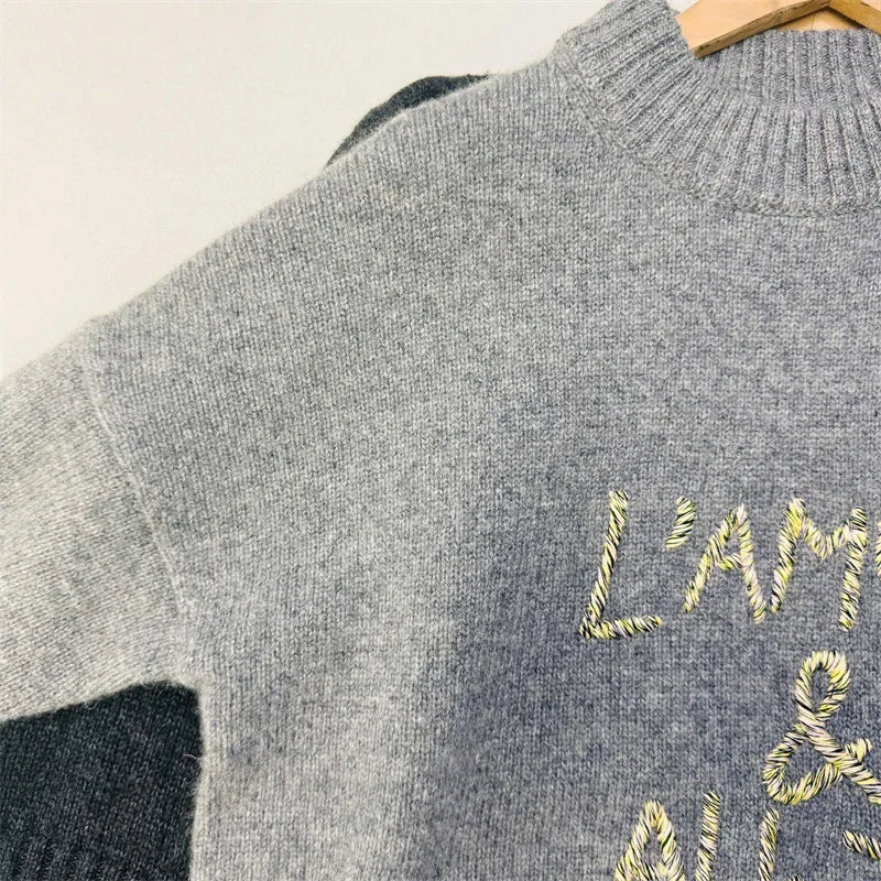 Luxury Fashion 2024Winter Jumper Letter Embroidery Women Sweater Cashmere Long Sleeve Sides Slit Loose Female O-neck Clothing