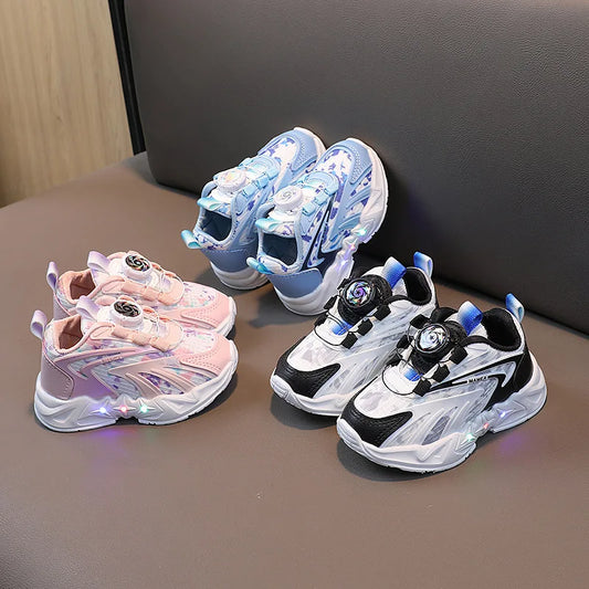 ARWEN AJH 2024 Spring and Autumn Children's Luminous Boys Net Shoes Student Rotating Button Girls sneaker Children's Shoes LED Light