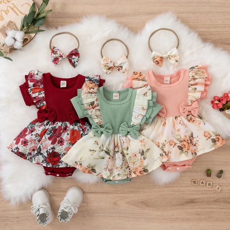 arwen&ajh مجموعة أروين التجارية 2024 Dress Baby Girl Summer Short Sleeve Fashion Cute Casual Floral Kids Princess Dresses With Headband For Newborn Baby Girls