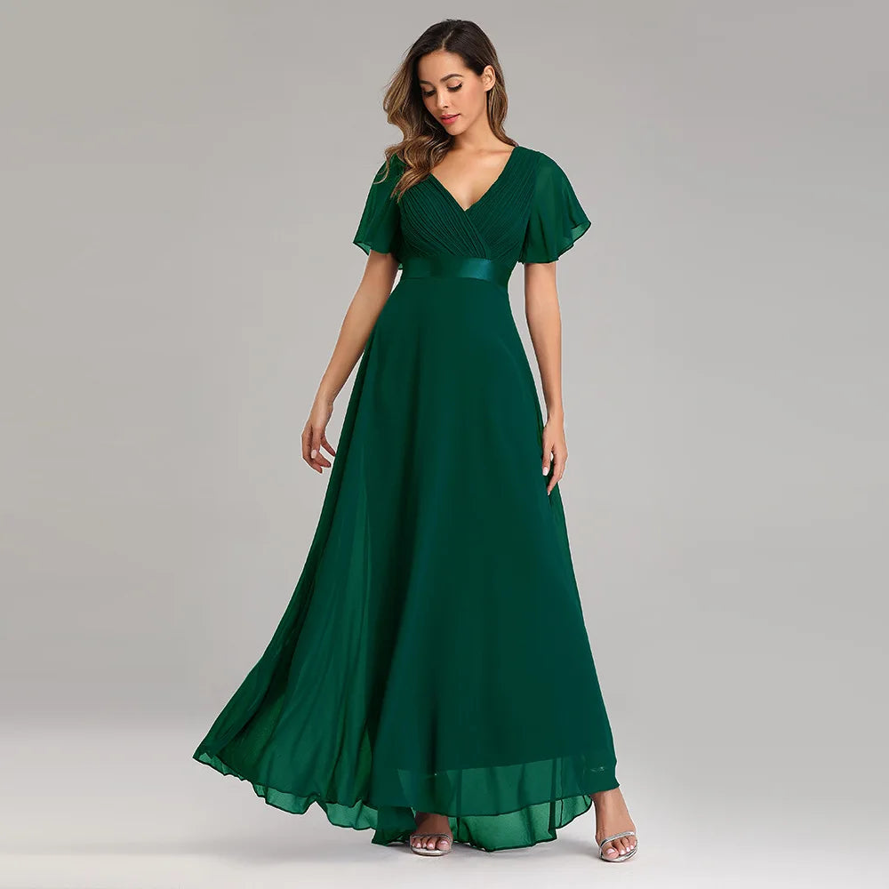 New Style Women V-Neck Chiffon Dress Wedding Evening Party Long Dress Elegant Party Red Dresses For Women 2023 Plus Size