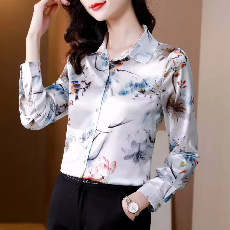 ARWEN & AJH GROUP Chic Printed Casual Office Shirts For Women Long Sleeve Silk Satin Fashion Women Blouses 2024 Elegant Female Tops  ARWEN & AJH GROUP