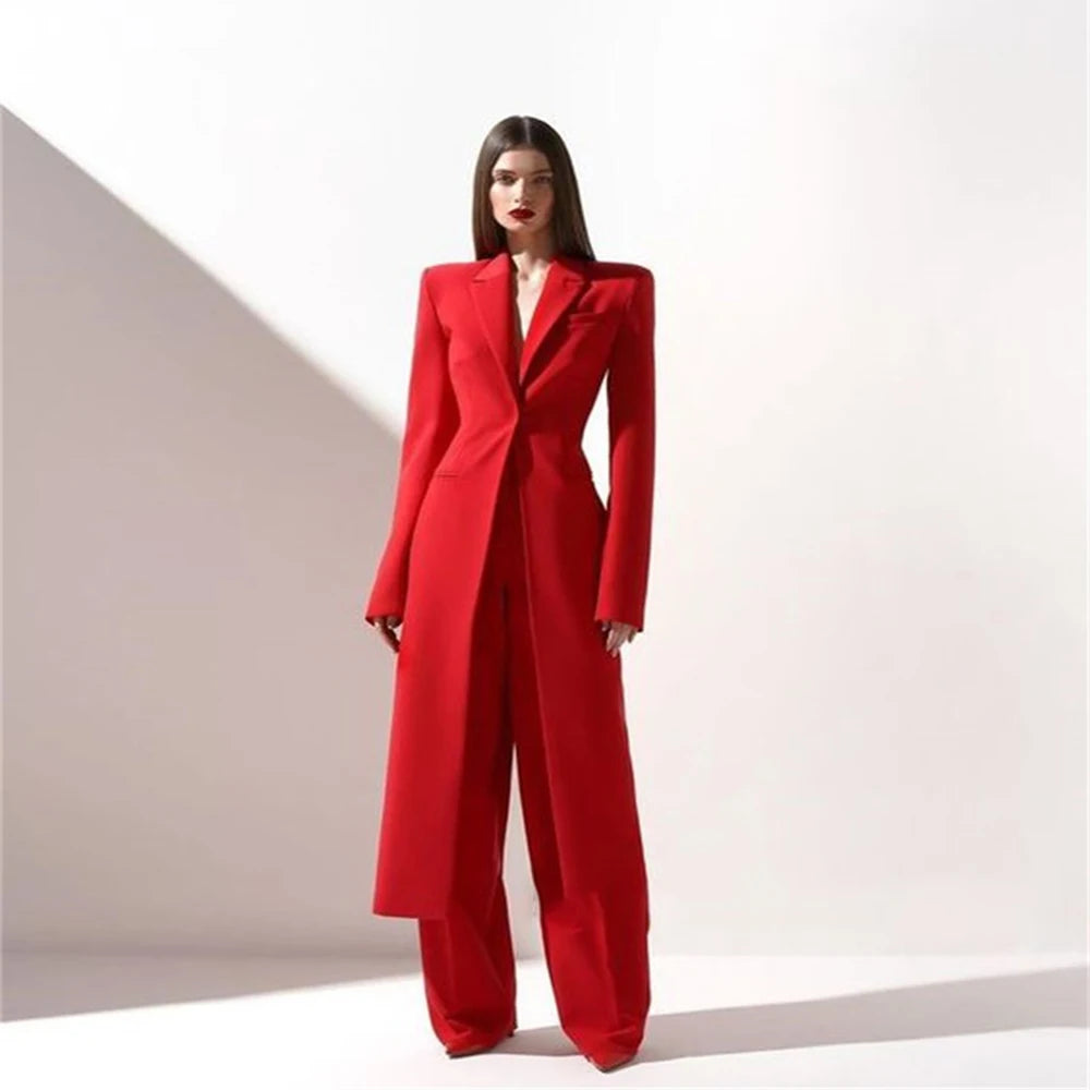 New Arrival Women Pants Set Fashion Peak Lapel One Button Long Coat Office Lady Formal 2 Piece Solid Color Custom Suit Slim Fit