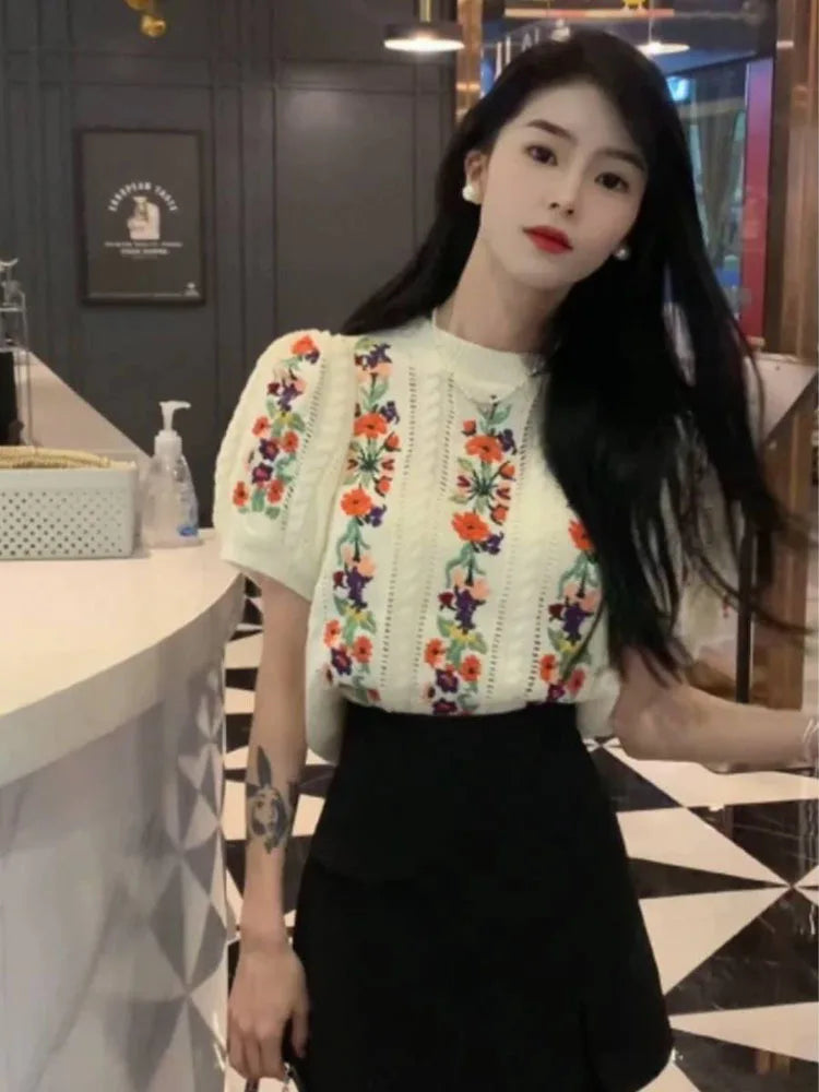 French Niche Hook Flower Embroidery Sweater Women 2024 Summer Chic New All-match Tops Puff Sleeve O-neck Elegant Female Pullover