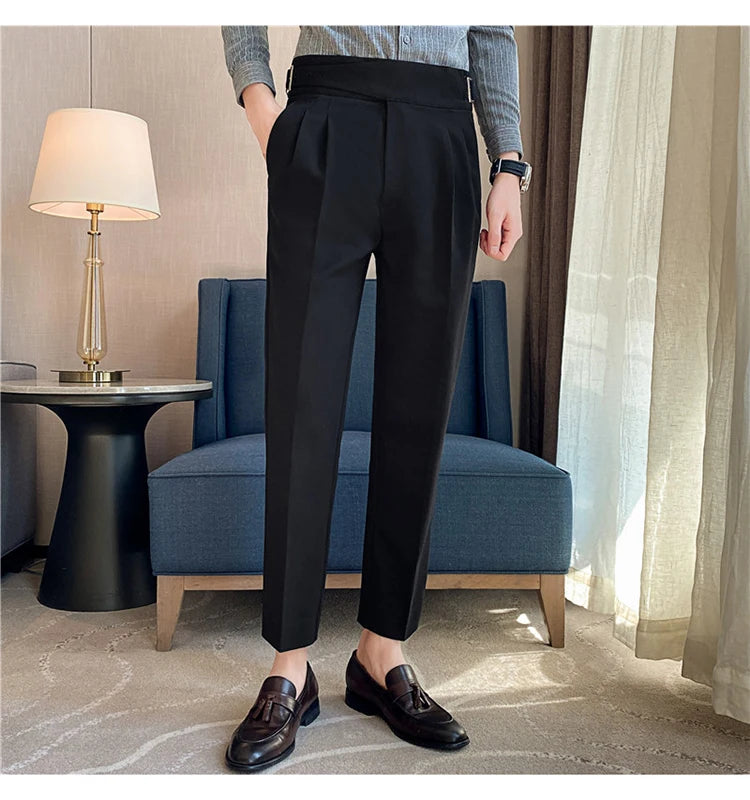 British Style Men High Waist Casual Dress Pant Men Belt Design Slim Trousers Formal Office Social Wedding Party Dress Suit Pants