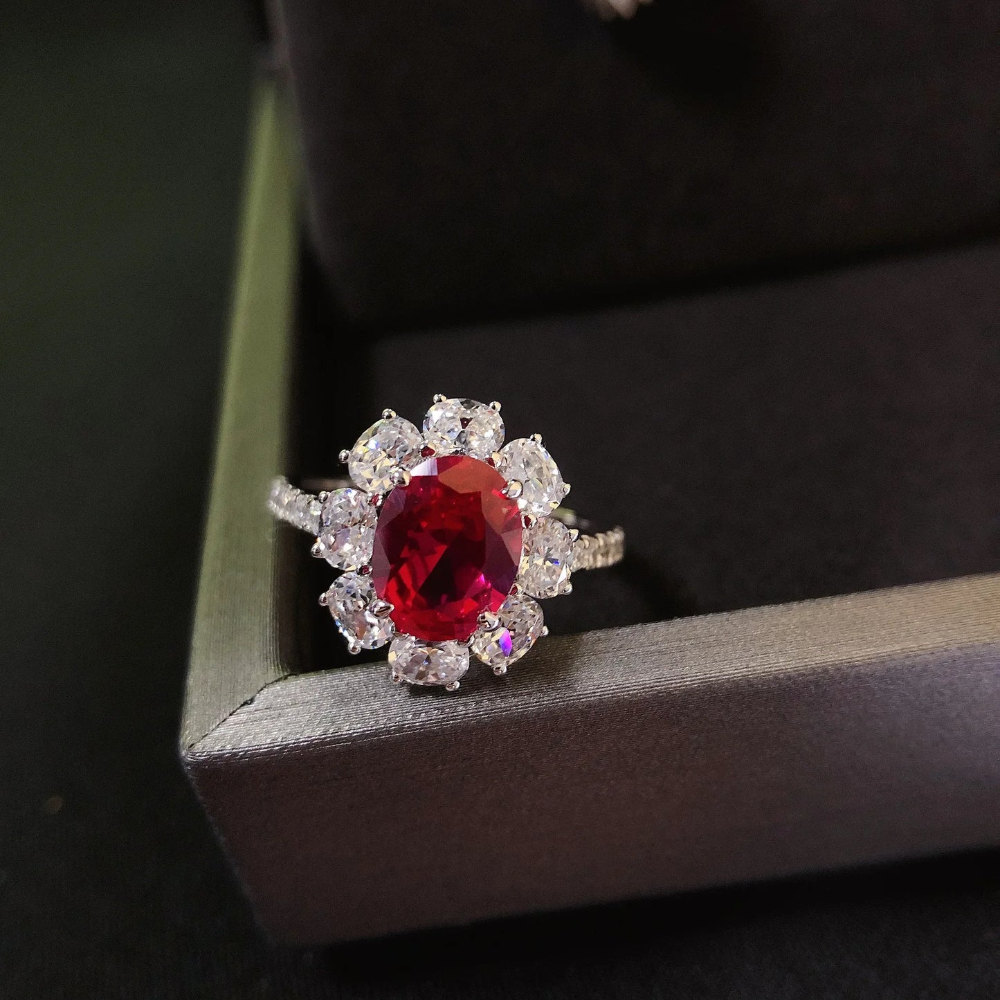 Solid Platinum PT950 Egg Shaped 2 Carat Pigeon Blood Ruby/Blue Diamond Ring 14K Gold Court Style Luxury