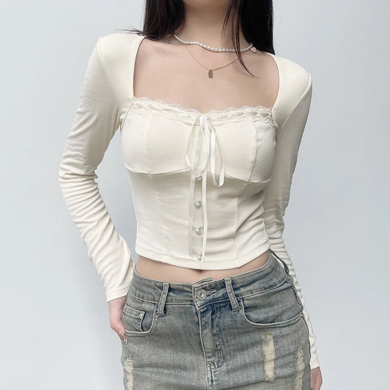 مجموعة اروين التجارية ARWEN&AJH GROUP  2024 European Sweet Pink Lace Trim Long Sleeve Corset Crop Tops Korean Style Cute Aesthetic Slim T-Shirt Women Basic Tees Autumn Pullovers