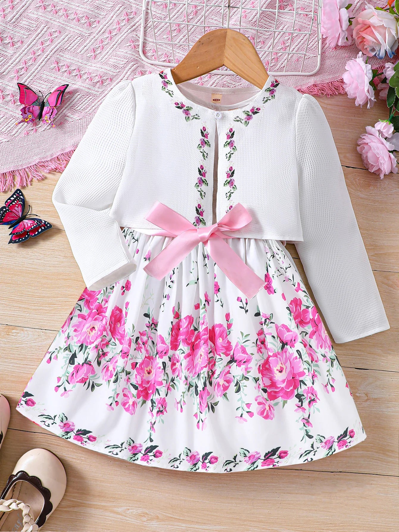 2024 Girls Spring/Summer New Product Two Piece Sweet Flower Dress+Cardigan Small Coat For Children And Girls 2-6 Years Old