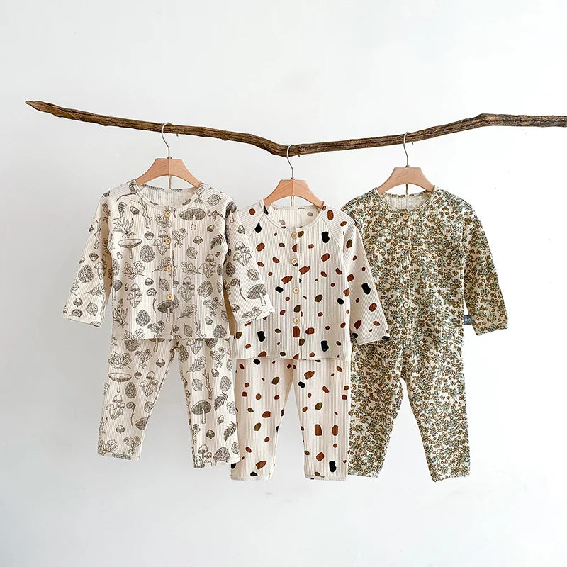 Baby Pajamas Set Loungewear Sleepwear for Kids Long Sleeve Boy Girl Breathable Cotton Waffer Top and Bottom Children's Clothes