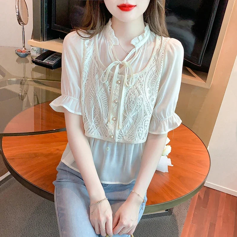 Summer V-Neck Lace Chiffon Blouse Shirt Women Tops Blusas Mujer De Moda 2024 Verano Short Sleeve Blouse Women Blouses Blusa G529