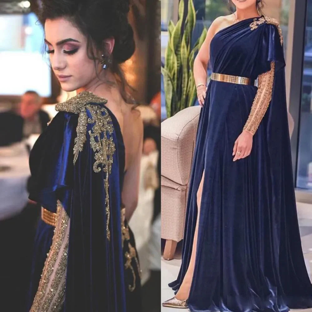 مجموعة أروين Arabic New Velvet Mermaid Prom Dresses One Shoulder Long Sleeve Evening Dresses Robe De Bal Sexy High Slit Dubai Prom Gowns 2024